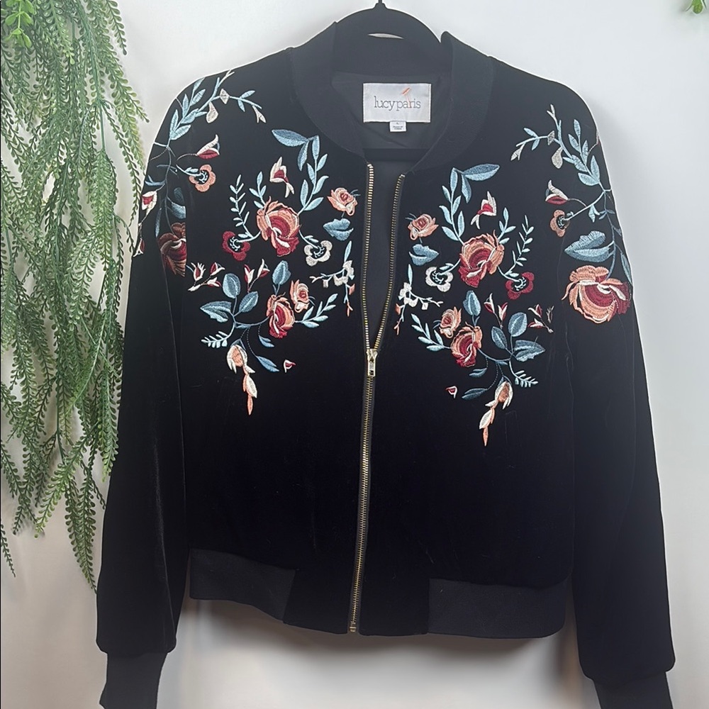 Lucy Paris Black Bomber Jacket with Floral Embroidery ( ref T 424)